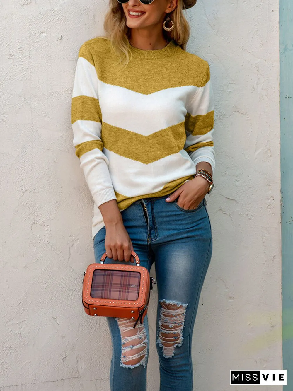 Casual Striped O-neck Long Sleeve Knit Sweater