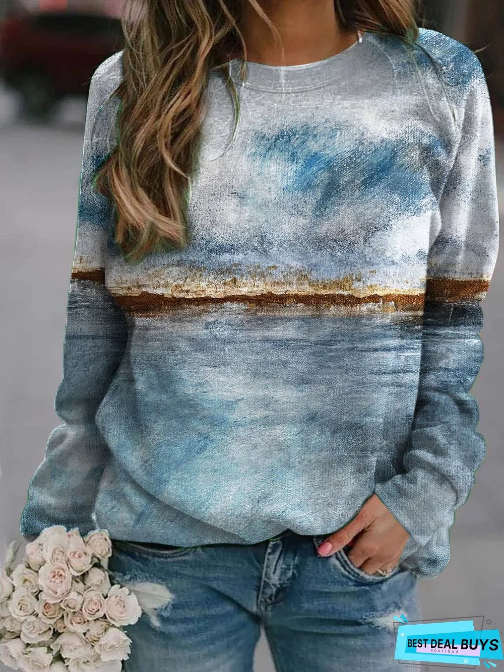 Long Sleeve Cotton-Blend Casual Sweatshirt