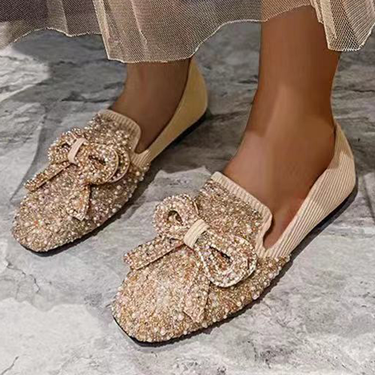 vanccy Crystal Bow Flat Breathable Loafers QueenFunky