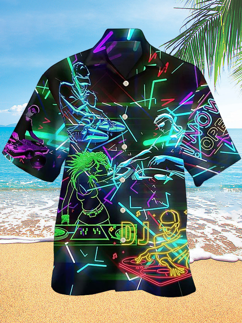 Neon Graffiti Hawaiian Beach Men's Short Sleeve Cuban Collar Shirt PLUSCLOTHESMAN