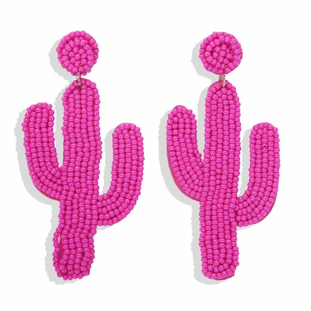 Dvacaman INS Fashion Green Color Beaded Cactus Drop Earrings for Women Boho Weave Rattan Cactus Round Earrings Statement Jewelry