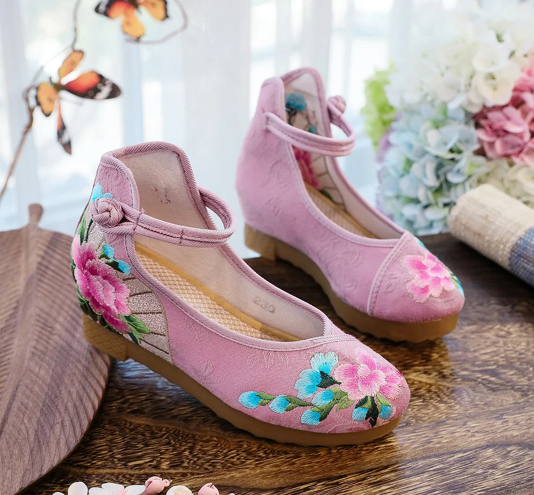 Colourp Colourp Shoes, Single Shoes, Peony Folding Fan Ancient Wind Embroidered Cloth Shoes, A Word Buckle Retro Slope Heel Shoes