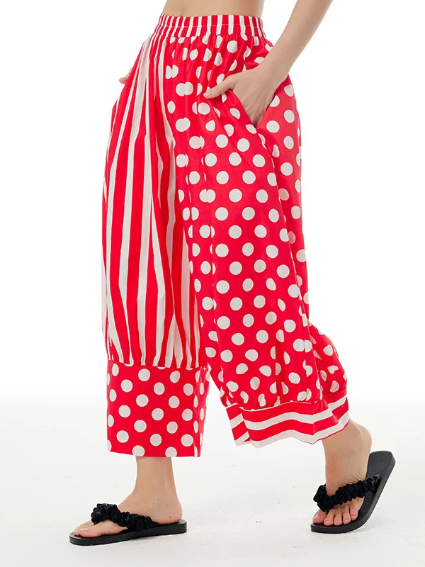 Striped Split-Joint Polka-Dot Elasticity Contrast Color Wide Leg Loose Pants Cropped Trousers