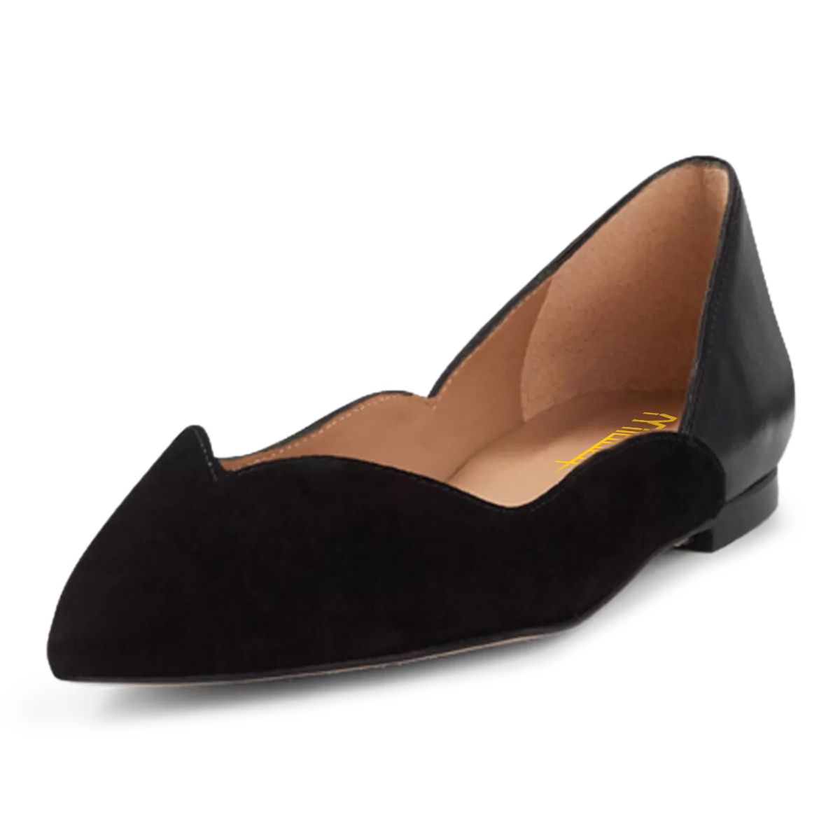 Black Patchwork Slip-On Wave-Edge Pointed Toe Flat Shoes for Women Nicepairs