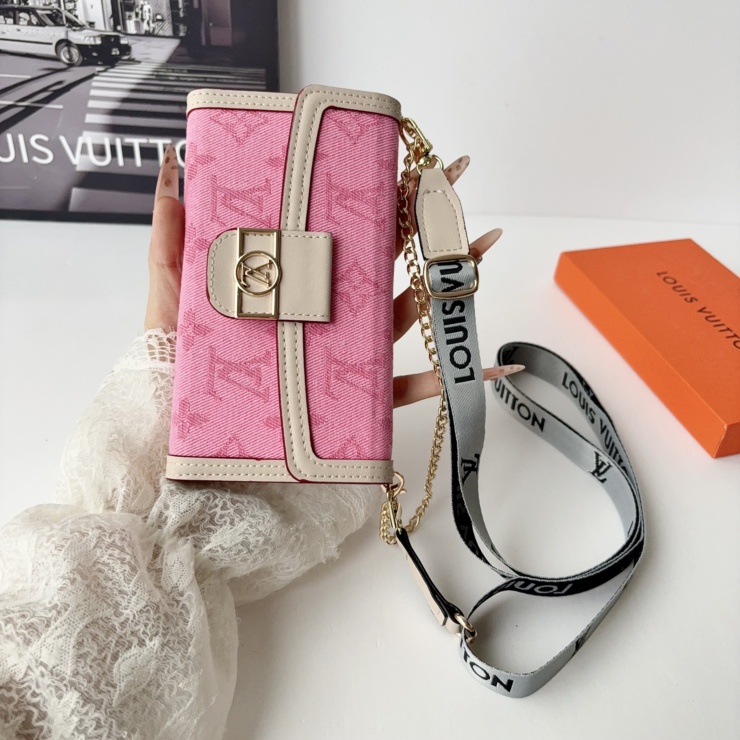 Louis Vuitton Monogram Crossbody iPhone Samsung Case | Luxury Long Lanyard Phone Wallet Cover