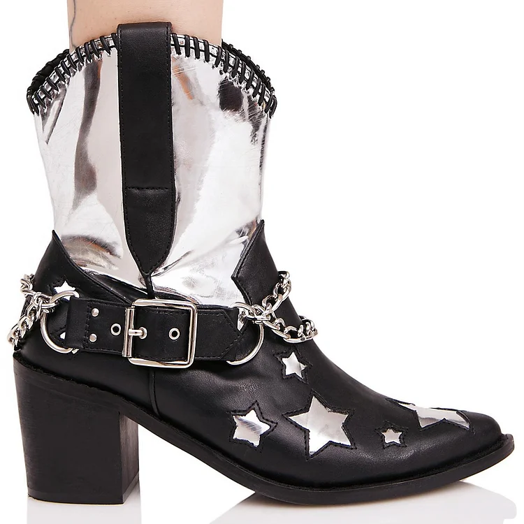 Black and Silver Cowgirl Boots Star Chunky Heel Mid Calf Boots |FSJ Shoes