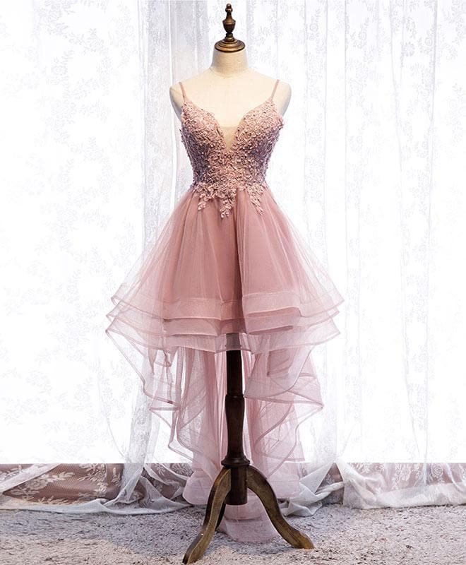 Pink Tulle Lace High Low Prom Dress, Pink Homecoming Dress SP17225