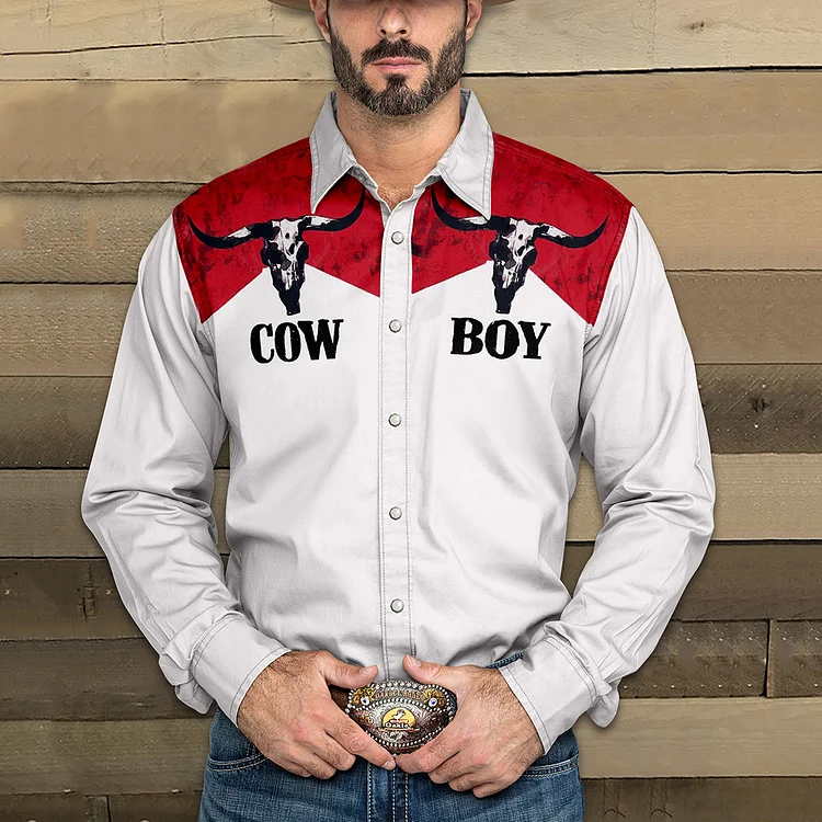 Trendy Red And White Bull Head Print Western Shirt