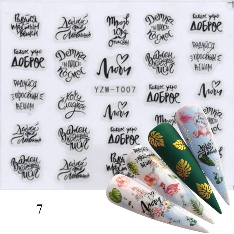 1 Sheet 3D Stickers For Nails Black Letter Leaf Flower Patterns Slider Nail Art Manicure Adhesive Tips Decals DIY Decorations-Nail Inspo