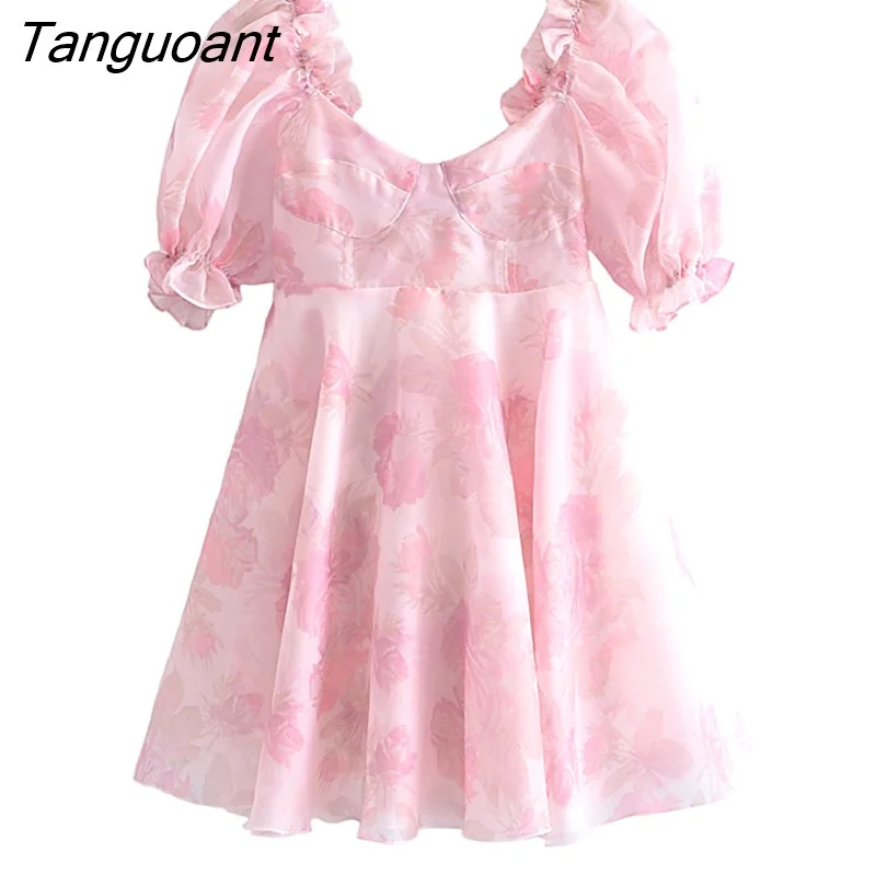 Tanguoant Princess Tie dye Girl Print Organza Ball Gown Dress Wood ears Puff Sleeve Retro Women Swing Short Dresses Fairy Cake Robe