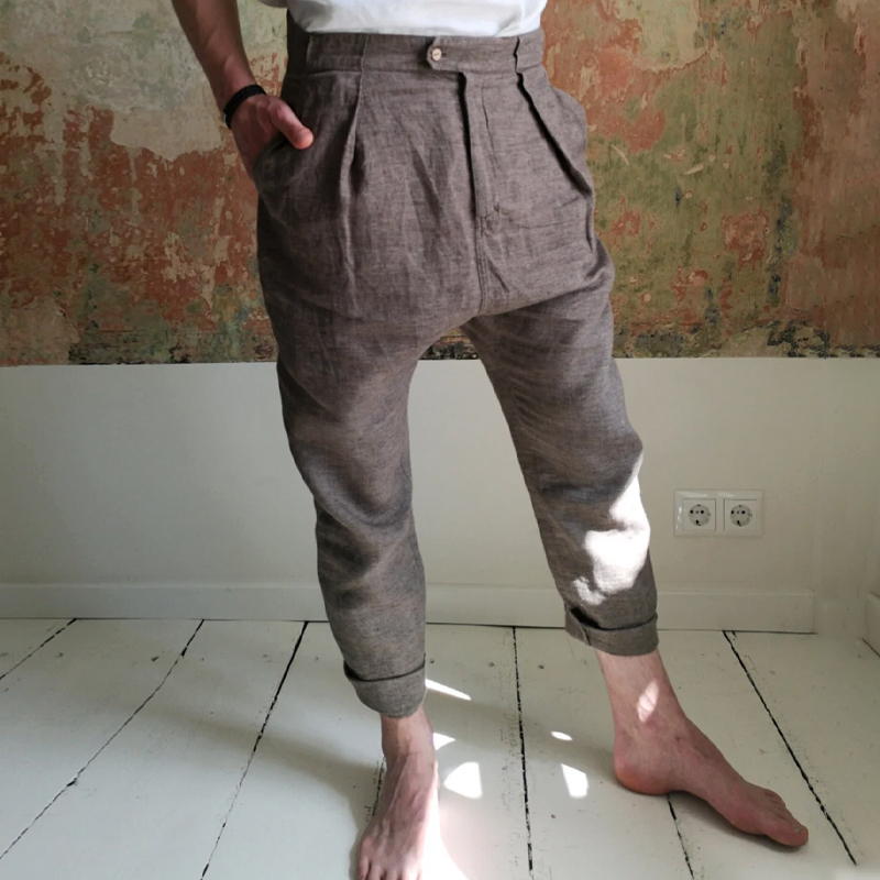 Men's Coffee Drop Crotch Linen Pants