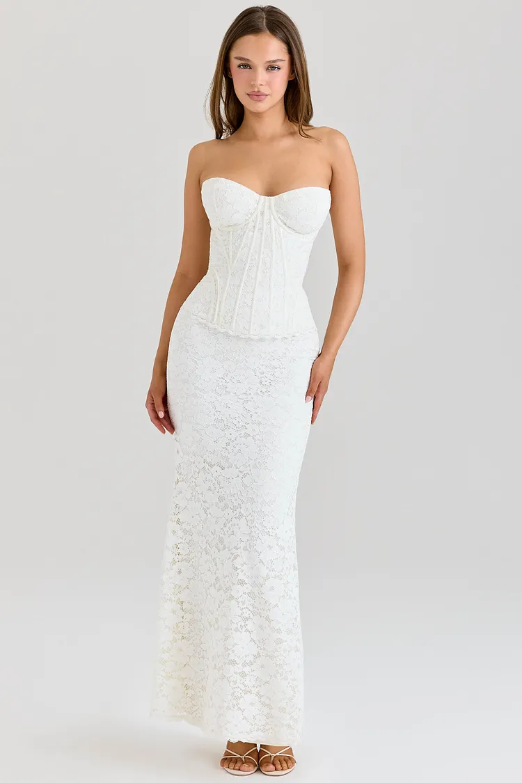 Solaine-Ivory Lace Corset Maxi Dress