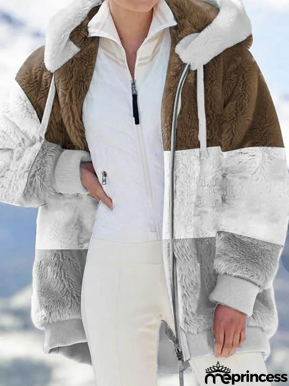 Fashion Color Blocking Plush Zipper Hooded Jacket