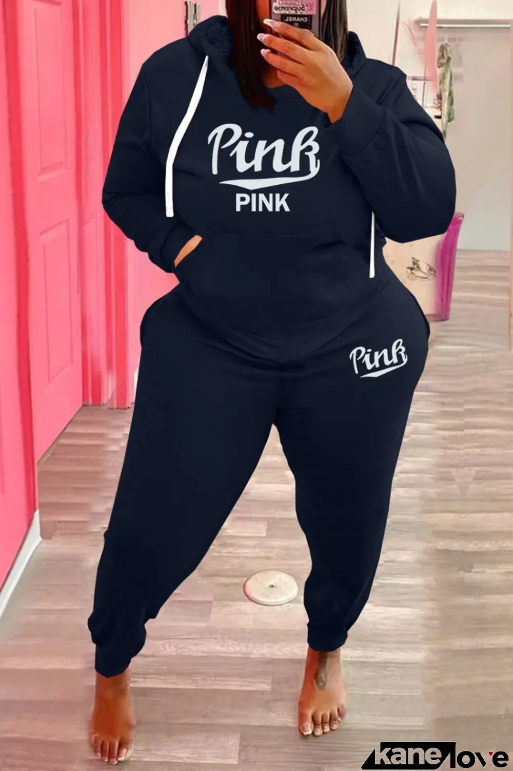 Winter Plus Size Sportwear Blue Print Long Sleeve Hoodies And Pant Wholesale Womens 2 Piece Sets