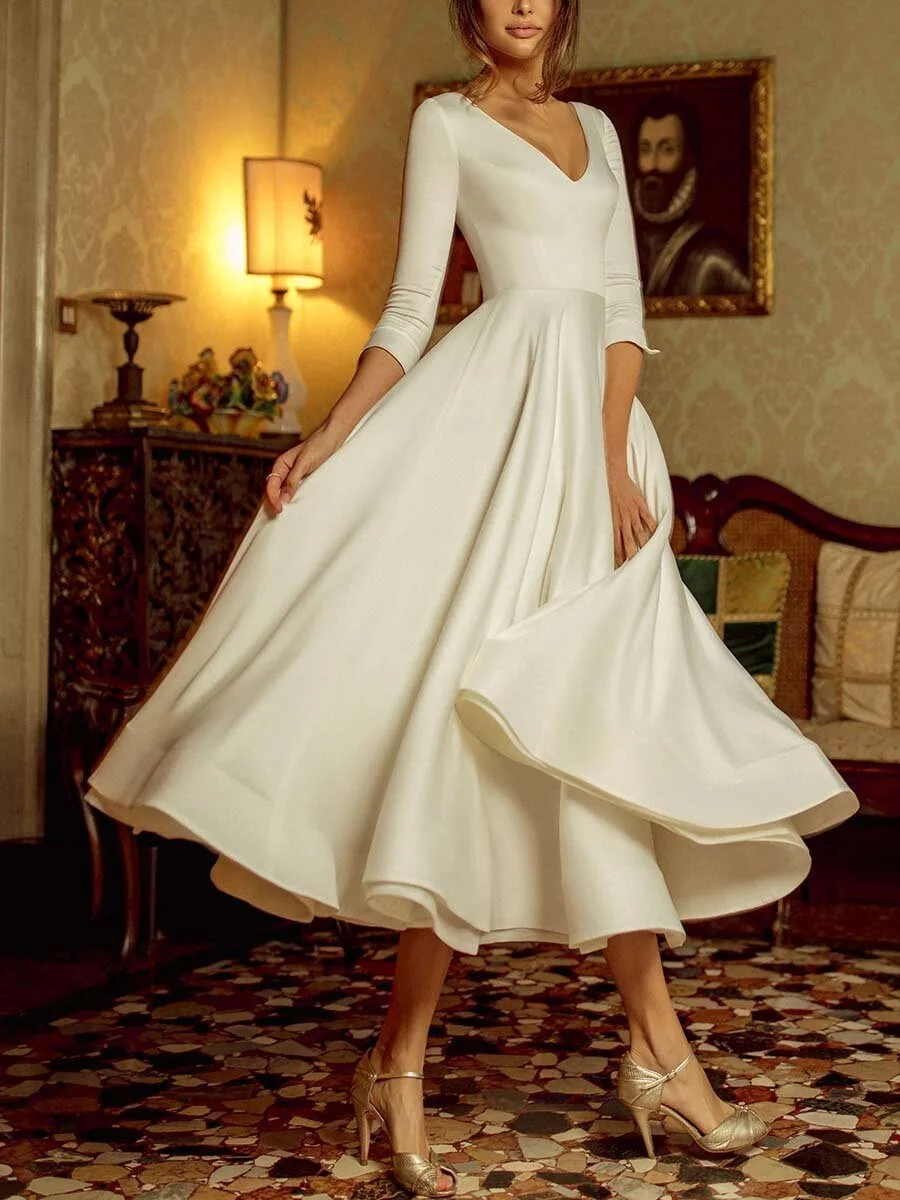 Abebey V-neck Elegant Mid-length White Large Skirt Dress