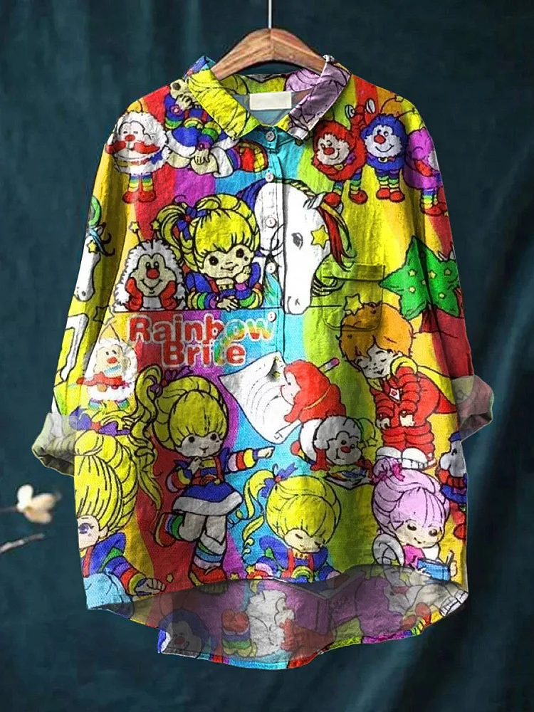 Vintage 1980 Rainbow Girl Cartoon Pattern Art Print Casual Cotton And Linen Shirt