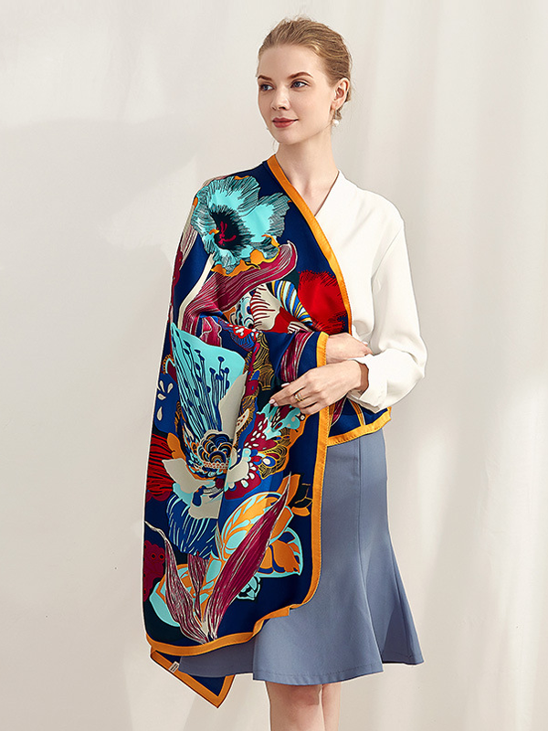 Blue Silk Scarf Crepe Satin Fashion Style