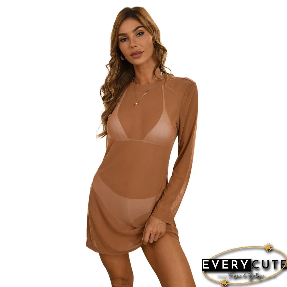 Brown Long Sleeve Sheer Chiffon Beach Dress