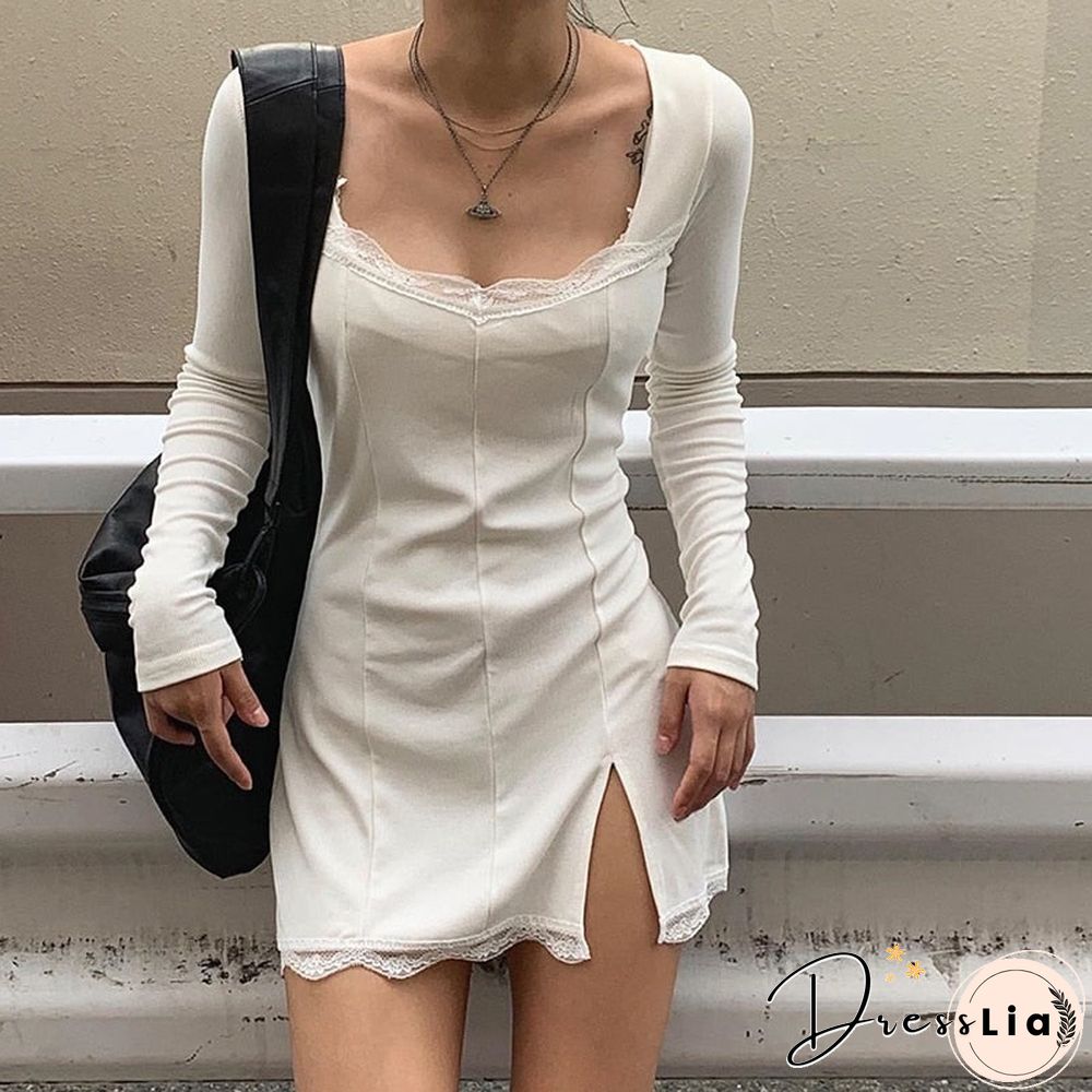 Weekeep Sexy Side Split Square Collar Long Sleeve Spring Dress Women Knitted Bodycon Party Clubwear Mini Dresses