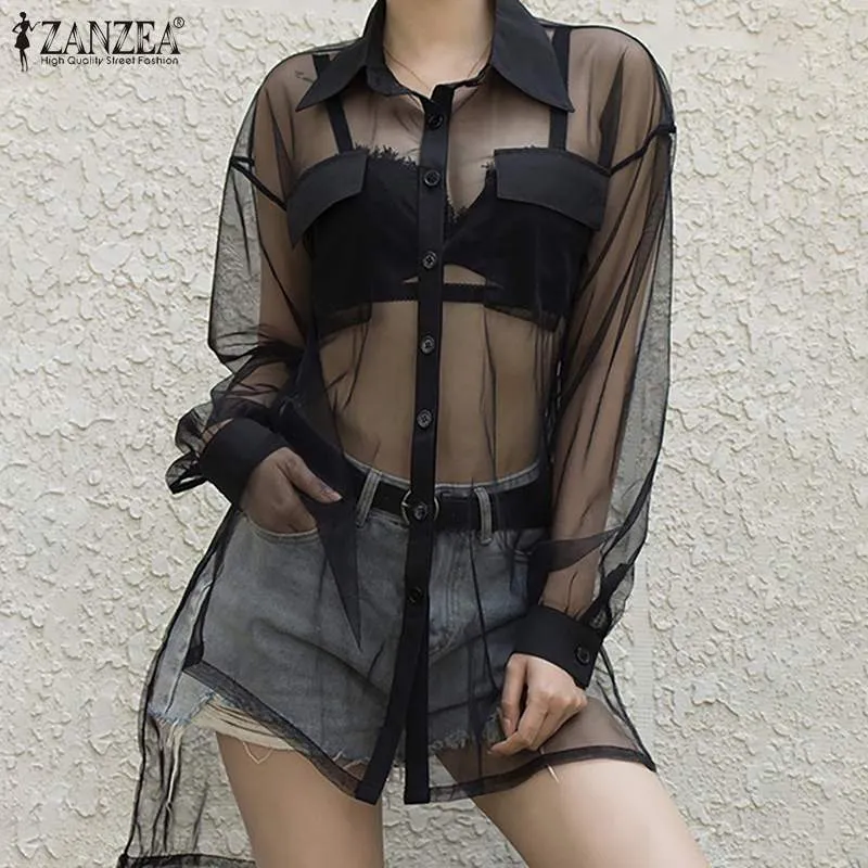 ZANZEA Sexy Women Summer Mesh Sheer Shirt Casual Lapel Neck Long Sleeve Blouse Black Tunic Top Club Chemise See Through Tops