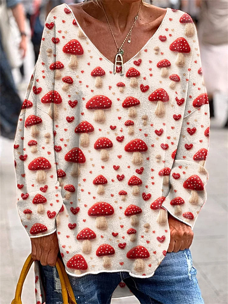 🔥kukelife🔥Mushrooms & Hearts Embroidery Art Casual Cozy V-Neck Long Sleeve T-Shirt