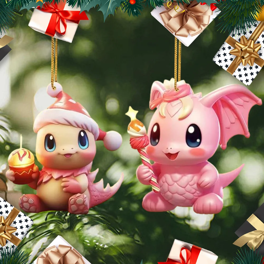 2 PCS Acrylic Pink Dinosaur 2D Flat Xmas Hanging Pendant New Year Birthday Gifts