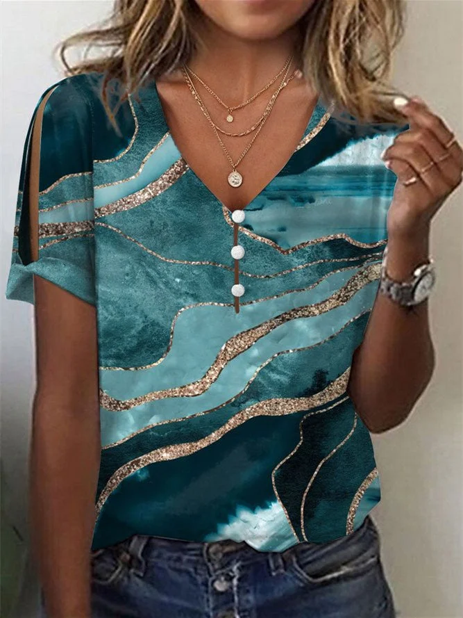 Women Short Sleeve V-neck Graphic Printed Tops