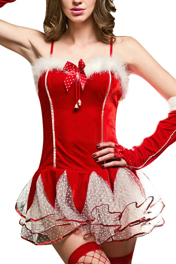 Womens Spaghetti Straps Fur Mesh Dress Christmas Santa Costume Red-elleschic