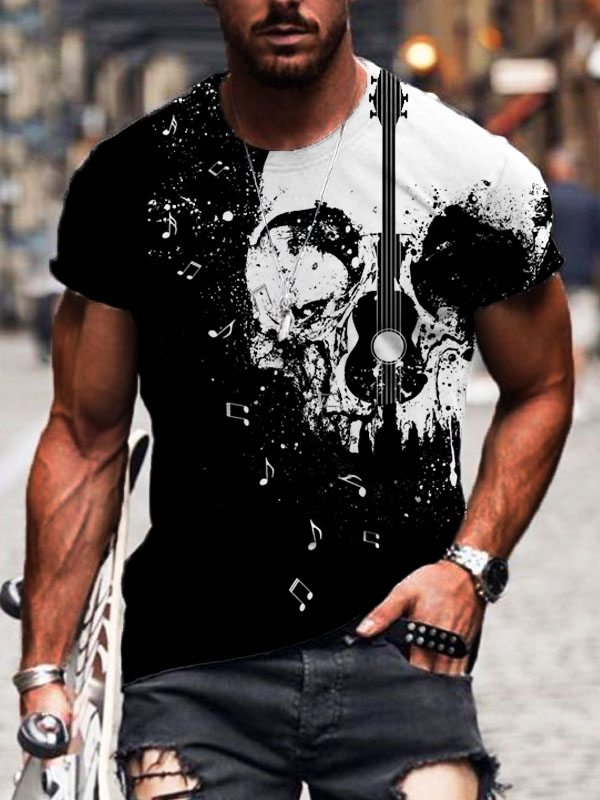 Men's Skull Music Guitar Black And White Contrast Color T Shirt wearshes