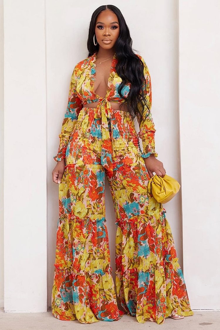 Deep V Neck Knot Print Wide Leg Pants Two Piece Set [Pre Order]