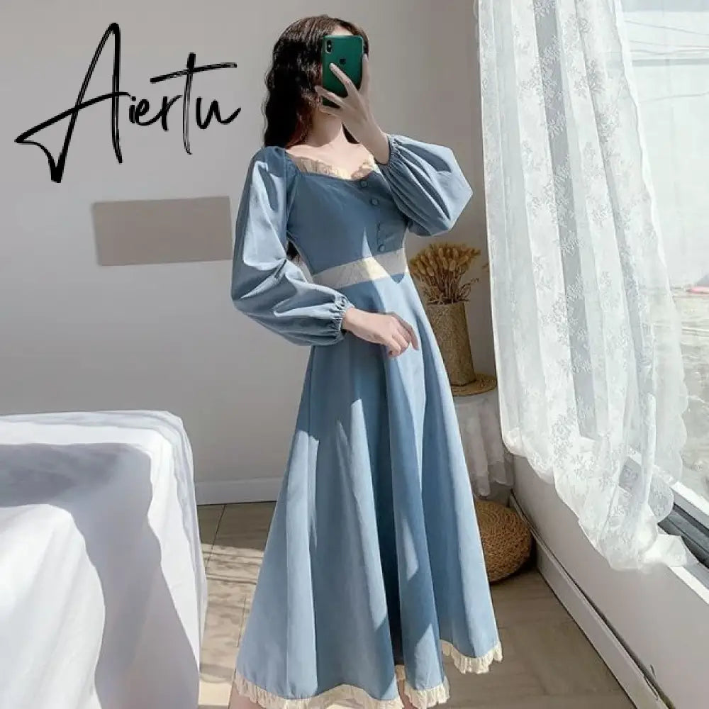 Long Sleeve Dress Women Fall Retro Fashion French Romance Ladies Empire Vestidos Soft Holiday Ruffles Ins Femme A-line Sundress Aiertu