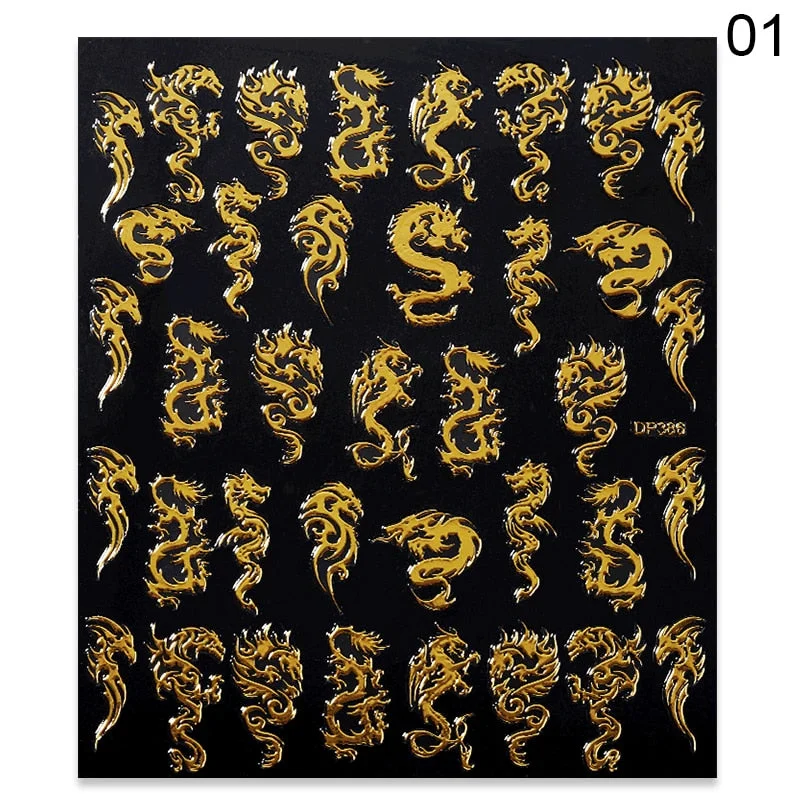 1Pc Colorful Gold Dragon Phoenixs 3D Nail Stickers Special Chinese Style Nail Transfer Decals Slider Nail Art Decoration