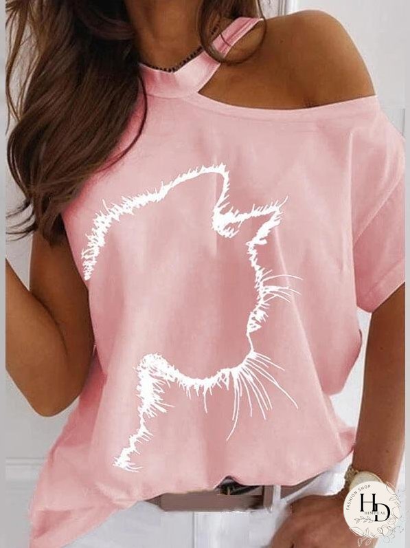 Cat Print Off The Shoulder Casual T-shirt for Women