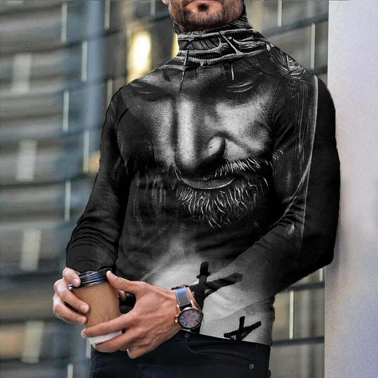 Men's Casual Jusus Print Long Sleeve Turtleneck Top