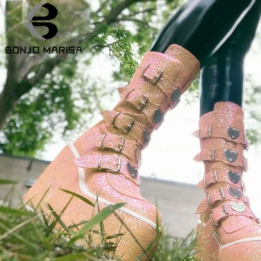 BONJOMARISA New Arrivals Punk Platform Cool Chunky High Wedges Mid Calf Boots Autumn Buckle Trendy Multicolor Party Cos Shoes