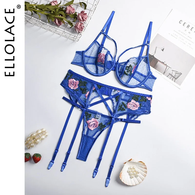 Ellolace Lingeie Women's Underwear Floral Embroidery Transparent Bralette Lingerie Set Sexy Female Underwear for Women Bra Set