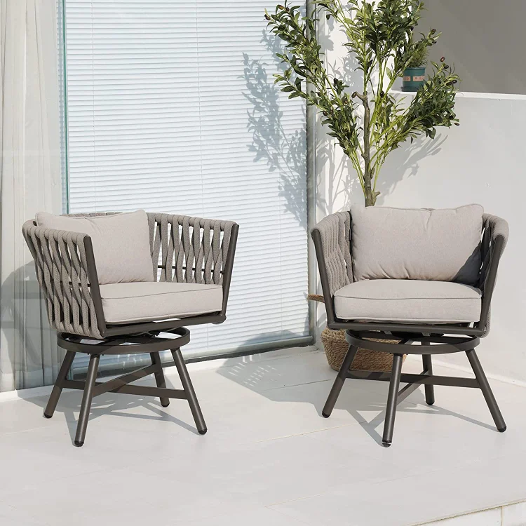 GRAND PATIO Dining Chair Set of 3, Swivel Rope Armchairs with Cushions and Round Side Table with Tile Tabletop