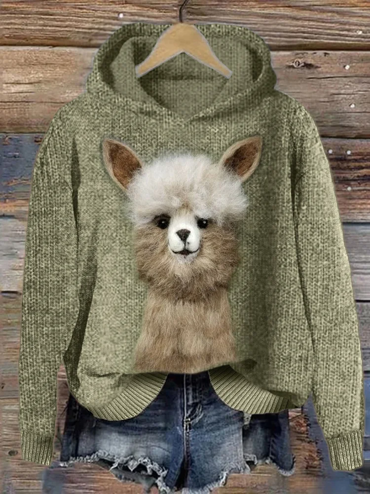 Funny Alpaca Felt Art Cozy Knit Hoodie