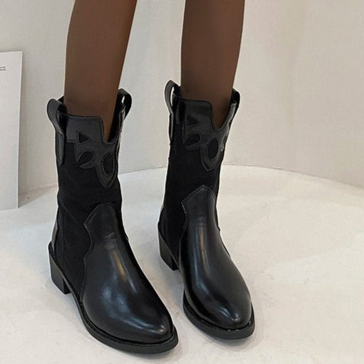 Women's vintage mid calf western boots slip-on block heels cowboy boots patchwork