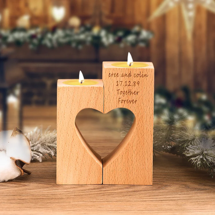 Personalized Engraved Wood Candle Holder Heart Shaped
