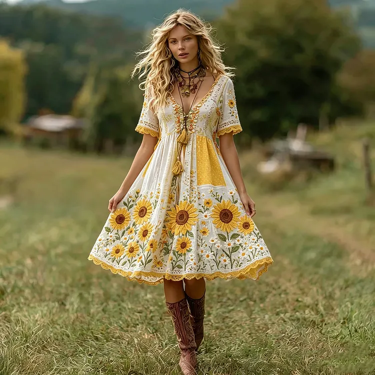 Women's Sunflower Boho Midi Dress