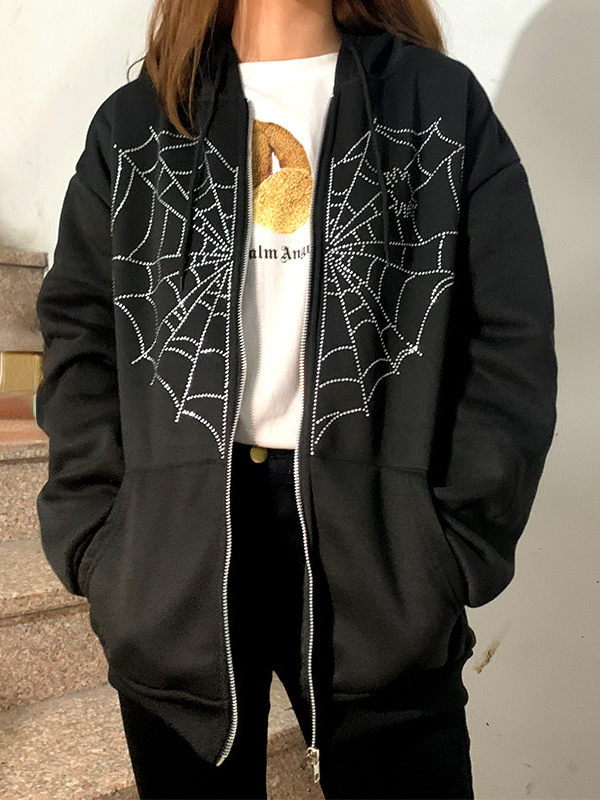 Spider Web Rhinestone Hoodie Casual Front Zipper Jacket