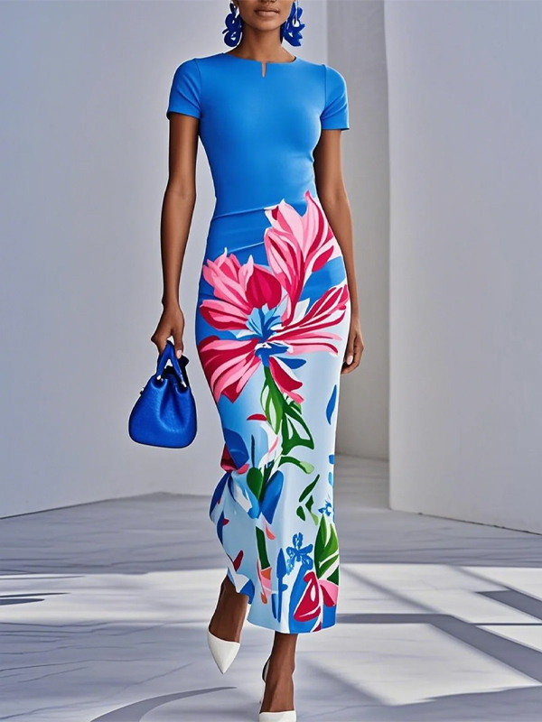 Blue Crew Neck Short Sleeves Maxi Dress