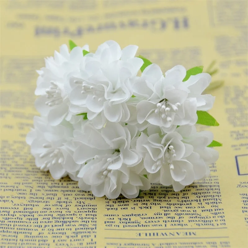 6pcs/lot Mini Silk Artificial Rose Flowers Bouquet  Scrapbooking Fake Flower Stamen Wedding Party  Decoration DIY Handmade