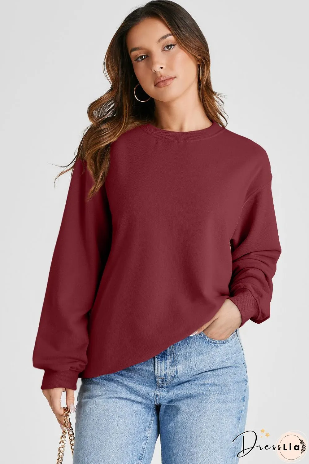 Burgundy Plain Drop Shoulder Crewneck Pullover Sweatshirt