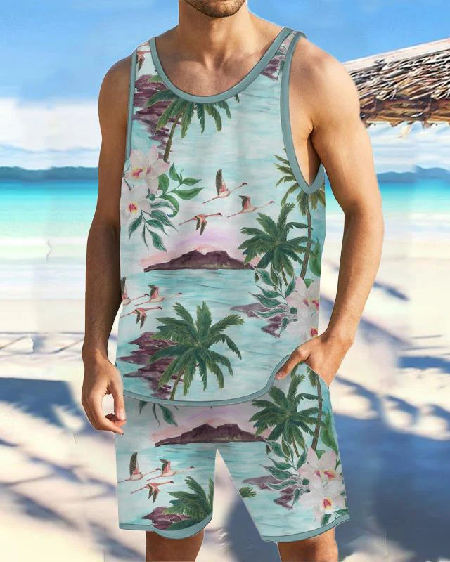 Men's Casual Resort Printed Vest Set 016