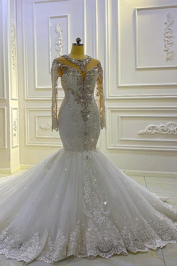 Beautiful Bateau Long Sleeves Pearl Sequins Mermaid Wedding Dress With Appliques Lace Beading | Ballbellas Ballbellas