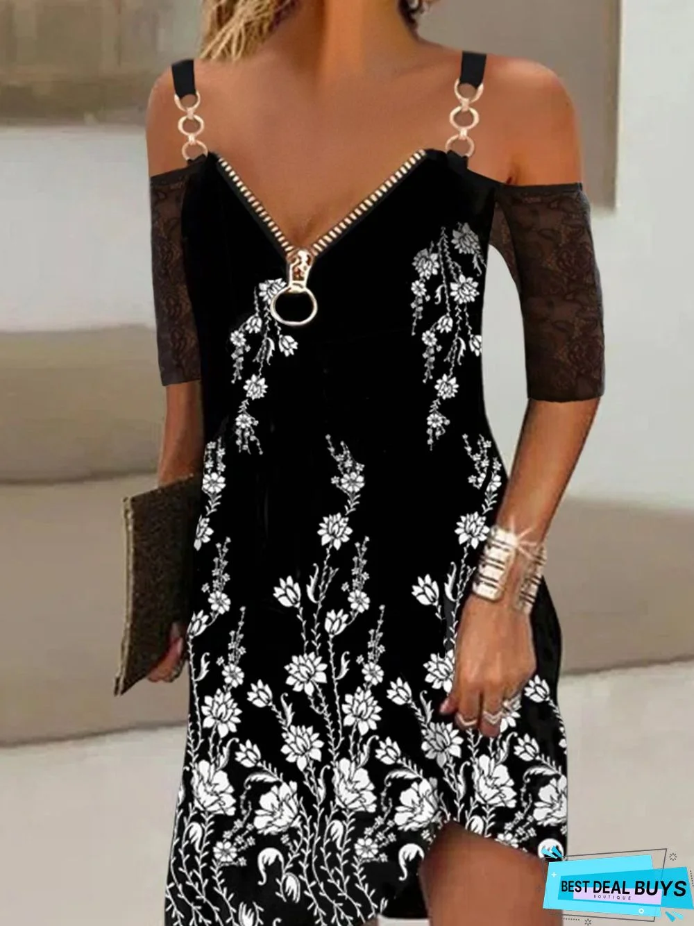 Casual Floral Half Sleeve V Neck Printed Dress