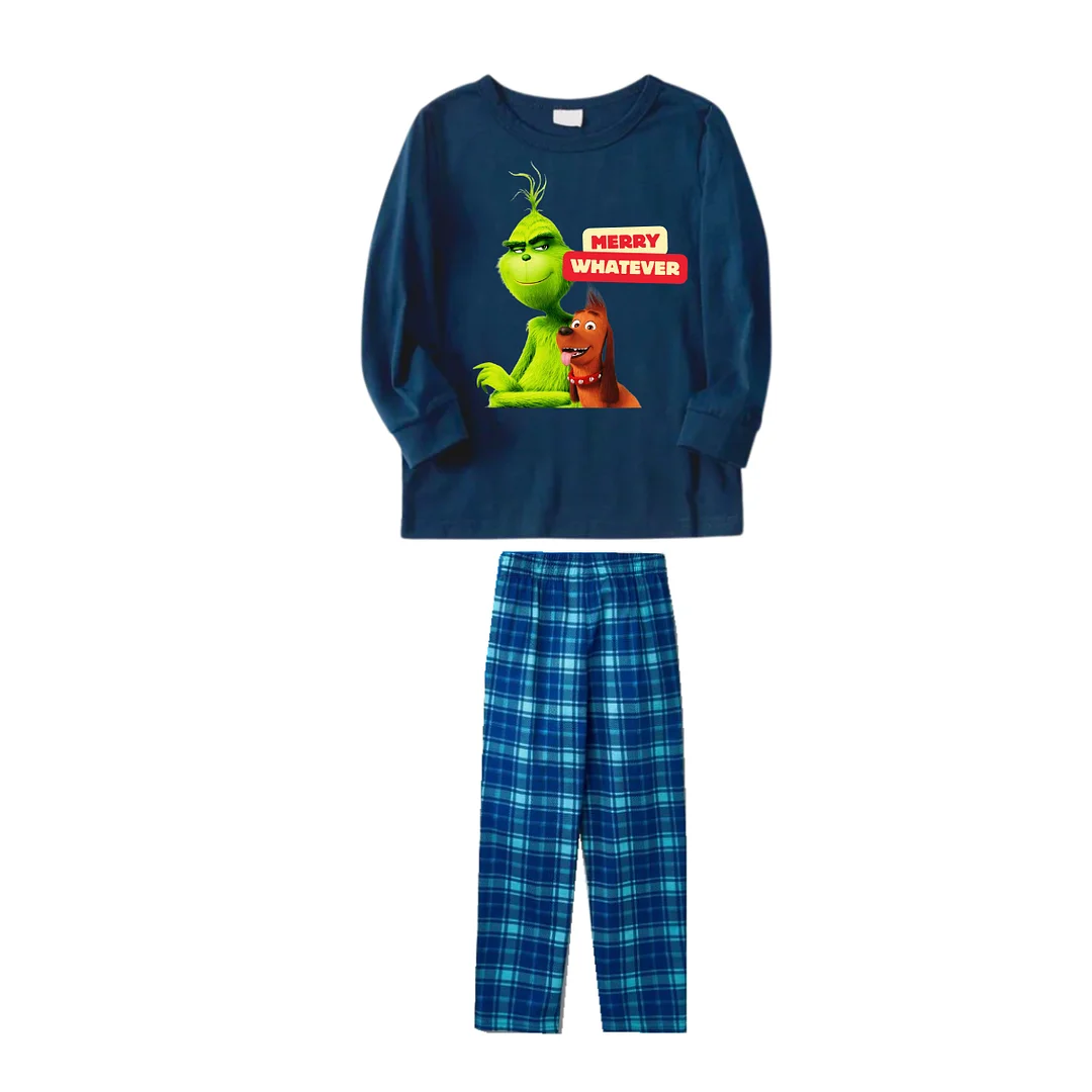 Cartoon Pattern and "Merry Whatever" Text Printed Blue Top Sky Blue Plaid Pants Family Matching Pajamas