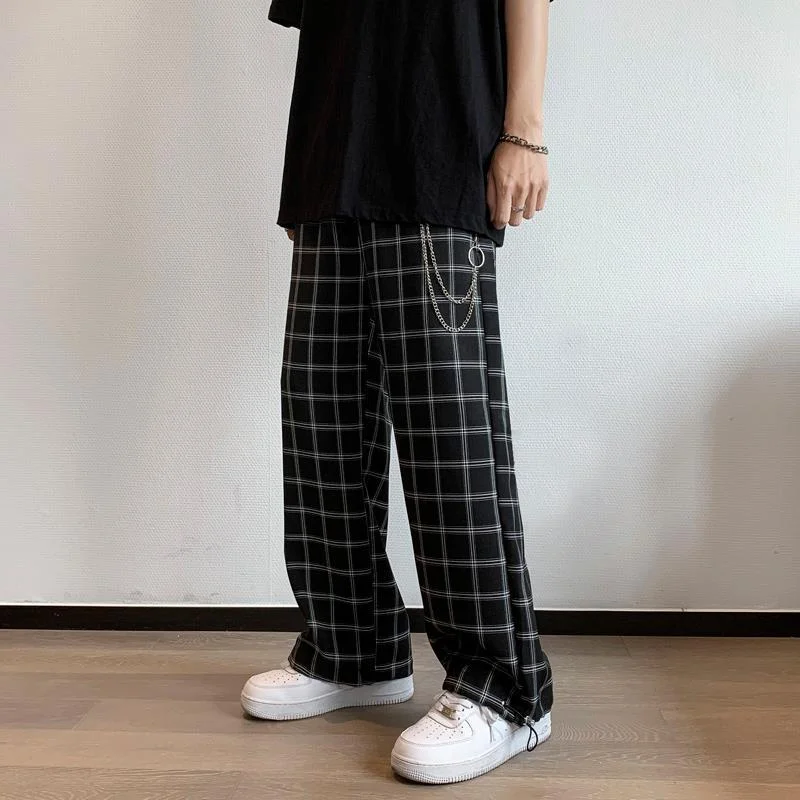 Aonga 2023 Men Harem Pants Plaid With Chain Wide Leg Streetwear 2023 Summer New Hip Hop Casual Trousers Fashion Male Pants Men's Clothing